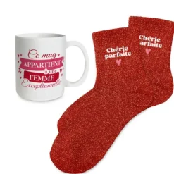Coffret Mug à paillettes et Chaussettes à paillettes pour femme - Saint-Valentin - Collection Chéri Chérie