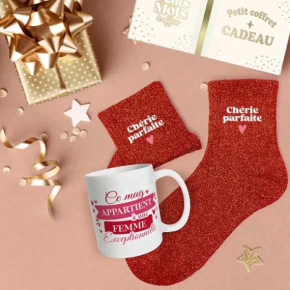 Coffret Mug à paillettes et Chaussettes à paillettes pour femme - Saint-Valentin - Collection Chéri Chérie