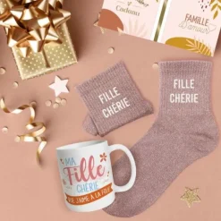 Coffret Mug à paillettes et Chaussettes à paillettes "Fille Chérie" pour femme - Collection Famille d'Amour