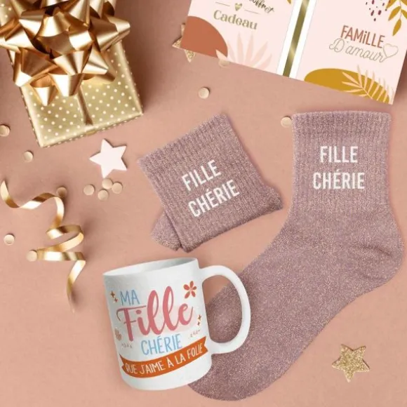 Coffret Mug à paillettes et Chaussettes à paillettes "Fille Chérie" pour femme - Collection Famille d'Amour