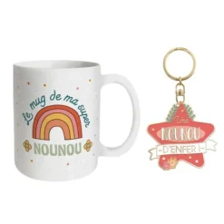 Coffret Mug à paillettes "Le mug de ma super marraine" et Porte-clés "Une nounou d'enfer"
