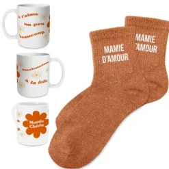 Coffret Mug à paillettes "Mamie Chérie" et Chaussettes à paillettes "Mamie d'Amour" - Collection Mamie Chérie