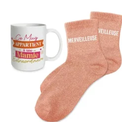 Coffret Mug à paillettes "Mamie Extraordinaire" et Chaussettes à paillettes "Merveilleuse" pour femme - Collection Famille d'Amour
