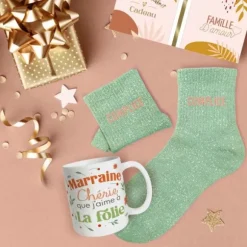 Coffret Mug à paillettes "Marraine Chérie" et Chaussettes à paillettes "Complice" pour femme - Collection Famille d'Amour