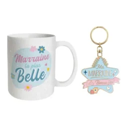 Coffret Mug à paillettes "Marraine la plus belle" et Porte-clés "Ma marraine, la bonne fée"