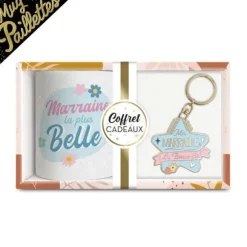 Coffret Mug à paillettes "Marraine la plus belle" et Porte-clés "Ma marraine, la bonne fée"