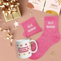 Coffret Mug à paillettes "Moment détente de Maman" et Chaussettes à paillettes "Jolie Maman" - Collection Maman d'Amour