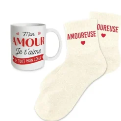Coffret Mug à paillettes "Mon Amour" et Chaussettes à paillettes "Amoureuse" pour femme - Collection Famille d'Amour