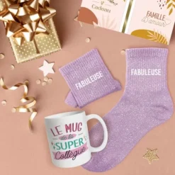 Coffret Mug à paillettes "Super Collègue" et Chaussettes à paillettes "Fabuleuse" pour femme - Collection Famille d'Amour