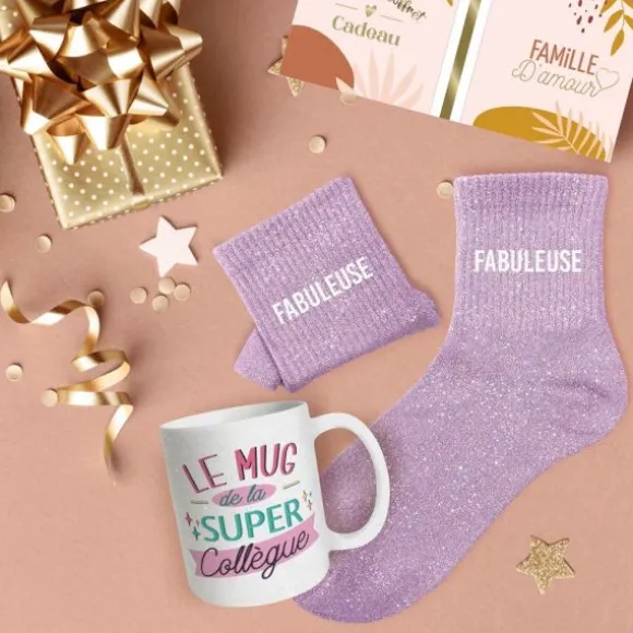 Coffret Mug à paillettes "Super Collègue" et Chaussettes à paillettes "Fabuleuse" pour femme - Collection Famille d'Amour