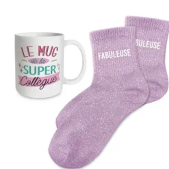 Coffret Mug à paillettes "Super Collègue" et Chaussettes à paillettes "Fabuleuse" pour femme - Collection Famille d'Amour