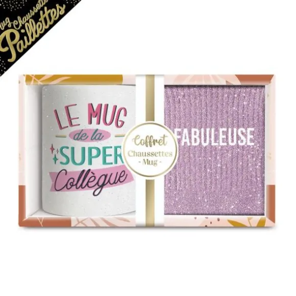 Coffret Mug à paillettes "Super Collègue" et Chaussettes à paillettes "Fabuleuse" pour femme - Collection Famille d'Amour
