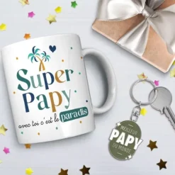 Coffret Mug "Super Papy" et Porte-clés "Meilleur Papy du monde"