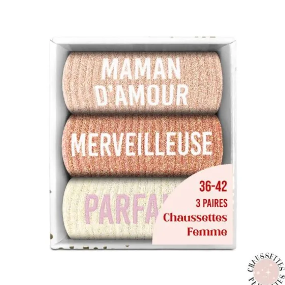 Coffret Trio de chaussettes à paillettes pour femme - Maman d'Amour, Merveilleuse et Parfaite - Collection Famille d'Amour