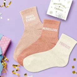 Coffret Trio de chaussettes à paillettes pour femme - Maman d'Amour, Merveilleuse et Parfaite - Collection Famille d'Amour