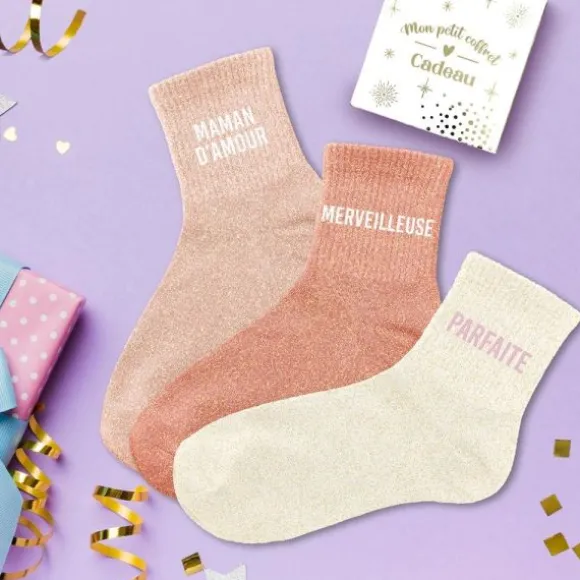 Coffret Trio de chaussettes à paillettes pour femme - Maman d'Amour, Merveilleuse et Parfaite - Collection Famille d'Amour