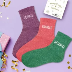 Coffret Trio de chaussettes à paillettes pour femme - Géniale, Fofolle et Déjantée - Collection Famille d'Amour