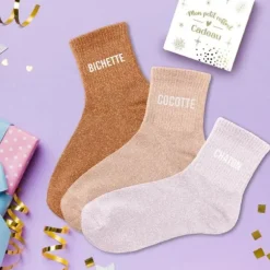 Coffret Trio de chaussettes à paillettes pour femme - Bichette, Cocotte et Chaton - Collection Famille d'Amour