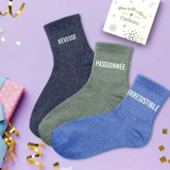 Coffret Trio de chaussettes à paillettes pour femme - Rêveuse, Passionnée et Irrésistible - Collection Famille d'Amour