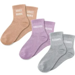 Coffret Trio de chaussettes à paillettes pour femme - Douce Mamie, Fabuleuse et Élégante - Collection Famille d'Amour