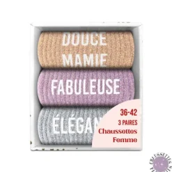 Coffret Trio de chaussettes à paillettes pour femme - Douce Mamie, Fabuleuse et Élégante - Collection Famille d'Amour