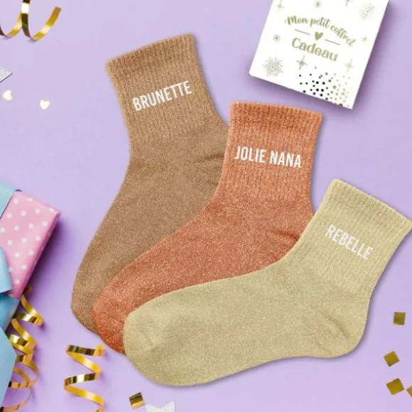 Coffret Trio de chaussettes à paillettes pour femme - Brunette, Jolie Nana et Rebelle - Collection Famille d'Amour