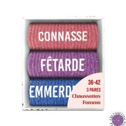 Coffret Trio de chaussettes à paillettes pour femme - Connasse, Fêtarde et Emmerdeuse - Collection Famille d'Amour