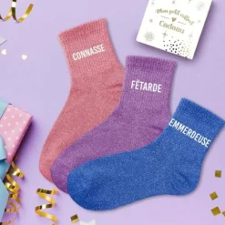 Coffret Trio de chaussettes à paillettes pour femme - Connasse, Fêtarde et Emmerdeuse - Collection Famille d'Amour