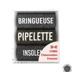 Coffret Trio de chaussettes à paillettes pour femme - Bringueuse, Pipelette et Insolente - Collection Famille d'Amour