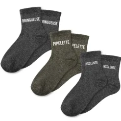 Coffret Trio de chaussettes à paillettes pour femme - Bringueuse, Pipelette et Insolente - Collection Famille d'Amour