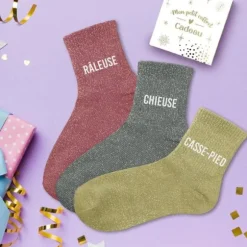 Coffret Trio de chaussettes à paillettes pour femme - Râleuse, Chieuse et Casse-Pied - Collection Famille d'Amour