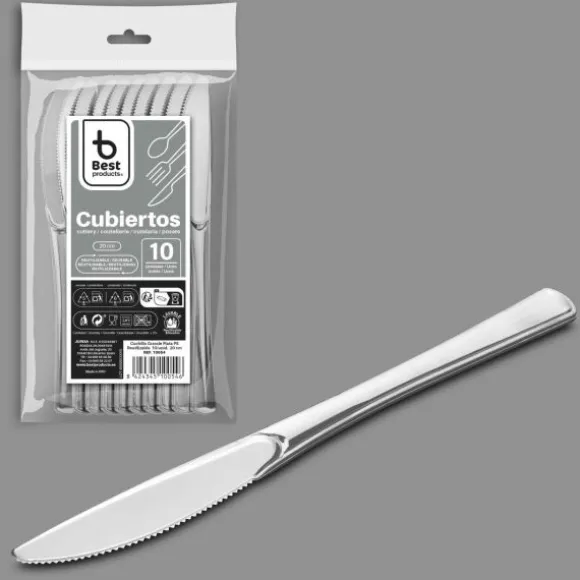 10 couteaux en argent en plastique réutilisable - 20 cm