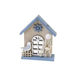 Décoration à poser en bois - Maison avec mouette, filet et coquillages - Collection Mer