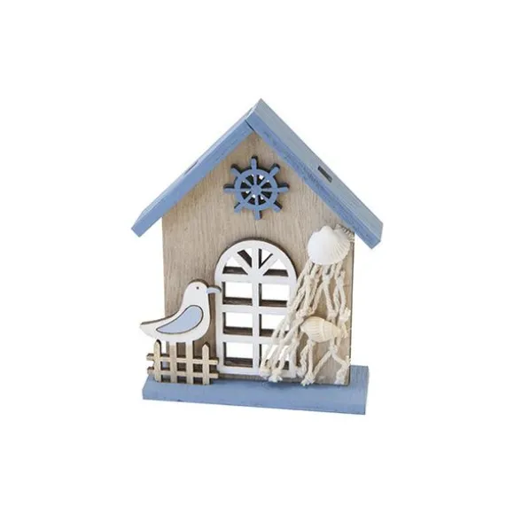 Décoration à poser en bois - Maison avec mouette, filet et coquillages - Collection Mer