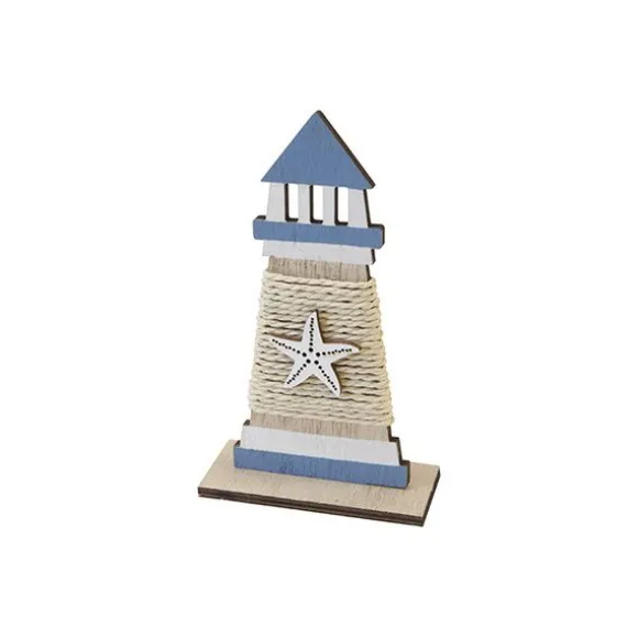 Décoration à poser en bois - Phare avec corde et étoile de mer - Collection Mer