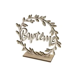 Décoration à poser en bois pour baptême - Couronne avec mot "Baptême"