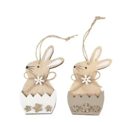 2 décorations à suspendre de Pâques - Lapinou avec œuf en bois - 10 x 5,2 cm