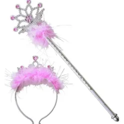 Diadème et Baguette Magique de Princesse avec Plumes Rose