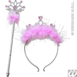 Diadème et Baguette Magique de Princesse avec Plumes Rose