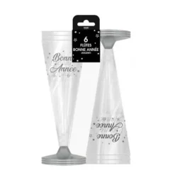 6 flûtes à champagne en plastique - Bonne Année - Couleur au choix