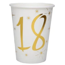 10 Gobelets en Carton Anniversaire - Blanc et Or - 18 ans