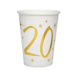 10 Gobelets en Carton Anniversaire - Blanc et Or - 20 ans