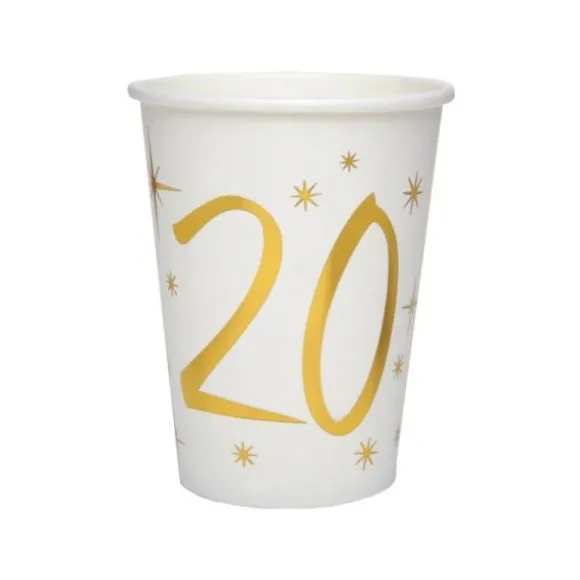 10 Gobelets en Carton Anniversaire - Blanc et Or - 20 ans