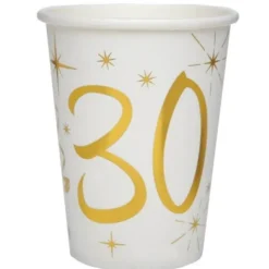 10 Gobelets en Carton Anniversaire - Blanc et Or - 30 ans