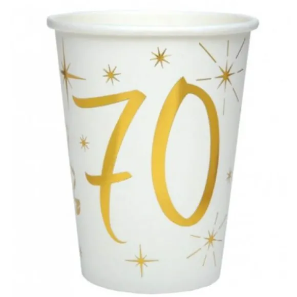 10 Gobelets en Carton Anniversaire - Blanc et Or - 70 ans