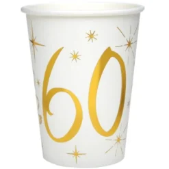 10 Gobelets en Carton Anniversaire - Blanc et Or - 60 ans