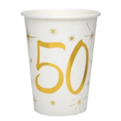 10 Gobelets en Carton Anniversaire - Blanc et Or - 50 ans