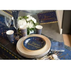 10 Gobelets en Carton "Joyeux Anniversaire" Bleu Marine Métallisé