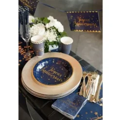 10 Gobelets en Carton "Joyeux Anniversaire" Bleu Marine Métallisé