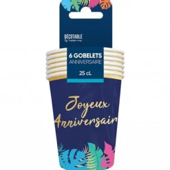 6 gobelets en carton "Joyeux Anniversaire" - 25 cl - Collection Tropical